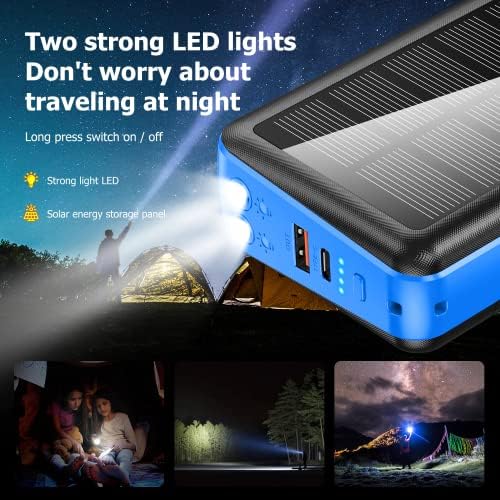 Ultra-Reliable 50,000 m Ah Solar Power Bank with Built-in Cable and Wall Plug | 30 W Fast Charging External Battery Pack with 5 Outputs, Dual LED Flashlights, and Integrated Phone Holder for On-the-Go Convenience (Blue) – Perfect for Travel and Outdoor Adventures