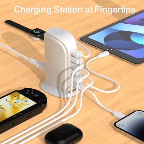 Upoy Multi-Device Charging Station – Stylish USB Tower Hub with 5 USB Ports + 1 Type-C Port for Rapid Charging | Perfect Desk Accessory for Apple, Samsung, and Android Gadgets | Compact Design with Overload Protection for Home and Office Use