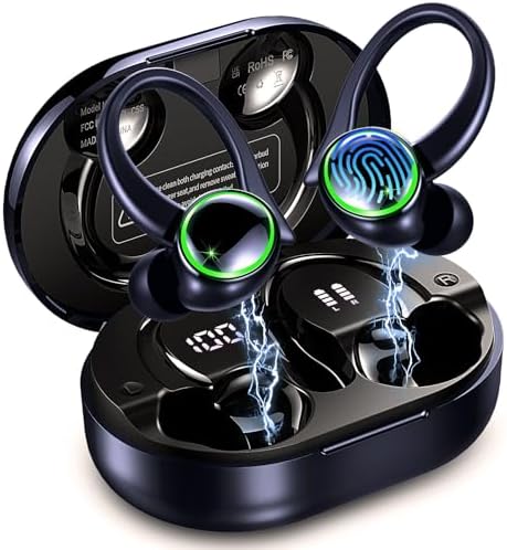 Elevate Your Fitness Experience with Premium Bluetooth 5.4 Wireless Earbuds – 50 Hours of Deep Bass Playback, Advanced ENC Noise Cancellation, and IP7 Waterproof Durability – Ideal for Gym Enthusiasts and Active Lifestyles with Secure Earhooks for Unmatched Comfort and Performance