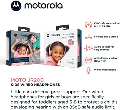 Motorola Moto JR200 Kids Over-Ear Headphones – Safe 85 d B Volume-Limited Design with Built-in Microphone & Audio Splitter – Comfortable, Durable Headphones for School, Home, and Travel in Vibrant Blue for Young Listeners