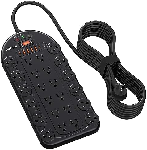 Ultimate Power Strip with 24 AC Outlets and 6 USB Ports, Including 2 High-Speed USB-C Ports, 3400 Joules Surge Protection, 10 Ft Heavy-Duty Flat Plug Extension Cord, Wall Mountable Design for Home and Office Use, ETL Listed for Safety Compliance