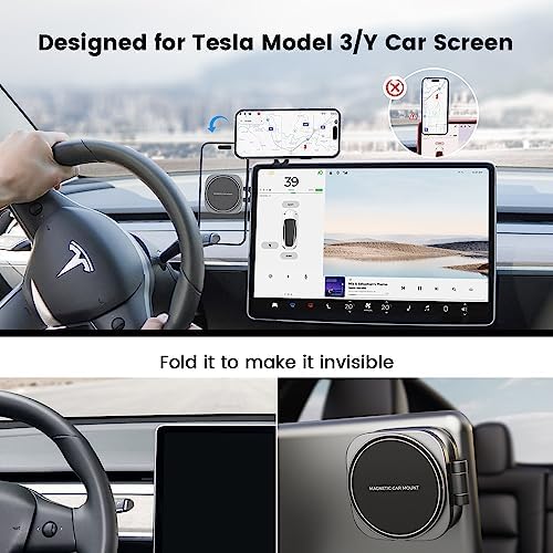 Magnetic Phone Mount for Tesla Model 3 & Y – Seamless Mag Safe Integration for i Phone 12/13/14/15 Series – Invisible Foldaway Design Enhances Interior Aesthetics – Secure, Hands-Free Navigation & Communication Accessory for Tesla Drivers – Effortless Installation, Optimized Compatibility & Unmatched Stability