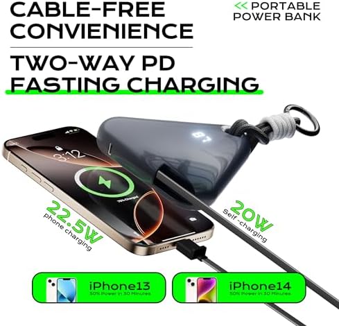 Ultimate Travel Power Bank with Retractable 2.3 ft Cable and Durable Paracord Carabiner – 10000 m Ah Fast Charging Wearable Charger in Stellar Gray, USB-C Compatible for All Devices – Stay Energized on the Go!