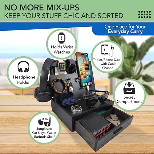 Nightstand Organizer- Rustic Bedside Organizer with Drawer for Cellphone, Watches, Headphone, Sunglasses, & Accessories- Makes an Ideal Gift for Dad or Son – Enhanced Compatibility and Speed