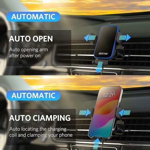 BESTEK 15 W Fast Wireless Car Charger with Auto-Clamping Phone Holder – Premium QC3.0 Air Vent Mount for i Phone 15/14/13/12/X/8, Samsung, LG, and Google Devices – Effortless Charging and Secure Fit for Every Drive