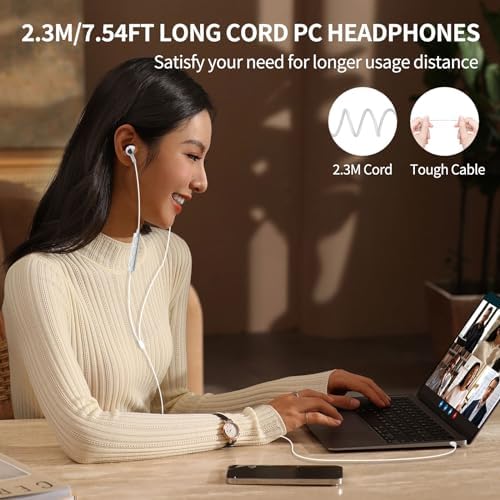 ASKUBSKU USB A Headphones with Noise-Canceling Microphone – 7.5 Ft Wired Earbuds for Unmatched Audio Clarity in Gaming, Video Calls & Music – Lightweight White Design for Comfort & Durability with Mute Function