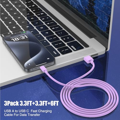6 FT USB A to USB C Carplay Charging Cable – 3-Pack for i Phone 15/16, i Pad Pro/Air/Mini, Samsung Galaxy S25/S24/S23, and Mac Book – Fast Charging & High-Speed Data Transfer for Enhanced Compatibility on the Go