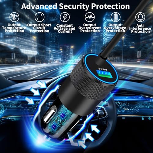 Rombica 105 W MFi Certified Dual USB-C & USB-A Fast Car Charger for i Phone 16 Pro Max – Ultimate Portable Power Solution with 6 FT Coiled Type-C Cable for Rapid Charging on the Go, Perfect for Road Trips and Daily Commuting