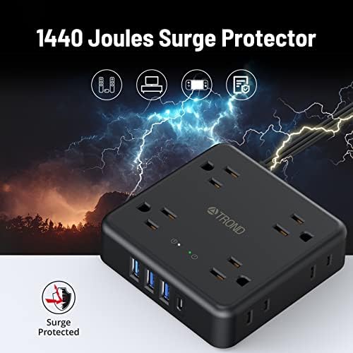 TROND 360° Rotating Plug Power Strip with 5 FT Flat Cord – 4 AC Outlets & 4 USB Ports (2 USB-C) – Wall Mount Surge Protector with 1440 Joules Safety Rating – Ultimate Travel & Home Charging Solution for Electronics and Devices