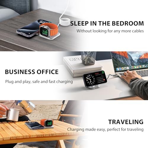 Compact 2-in-1 Foldable Wireless Charger Stand for Apple Devices – KUXIU Aluminum Magnetic Charging Station with 5 W Fast Charging for i Phone 15/14/13/12 Pro/Max, Apple Watch 9/8/7/Ultra2, and Air Pods Pro – Ultimate Portability and Enhanced Compatibility for Travelers