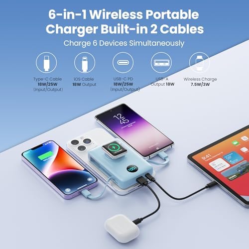 Ultimate 6-in-1 Magnetic Portable Charger, 10800 m Ah Power Bank for i Phone – Features Integrated Cables, Wireless Charging for Apple Watch, Smart LCD Display, and 25 W PD Fast Charging – Perfect Travel Accessory for All Devices with Enhanced Safety Features and Compatibility for i Phone 12 to 16 Series