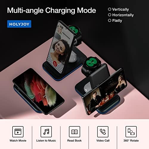 HOLYJOY 3-in-1 Foldable Wireless Charger – Ultimate Fast Charging Station for Samsung Galaxy S25 Ultra, S24, Note 20, Galaxy Watch 7/6/5/4/Active 2 & Buds – Compact Travel Charger with Non-Slip Design and LED Charging Indicator for Seamless Device Management on the Go