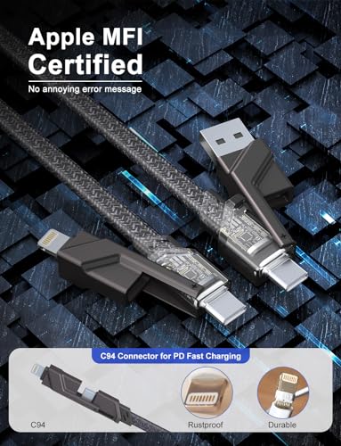 Ultimate 4-in-1 USB C and Lightning Cable – 10 Ft Flat Braided Charging Cord with 60 W Fast Charging, MFi Certified Compatibility for i Phone, i Pad, Mac Book, Samsung – Perfect for Apple Car Play & Android Auto Integration – Enhanced Durability and Versatility for Seamless Data Sync and Power Delivery