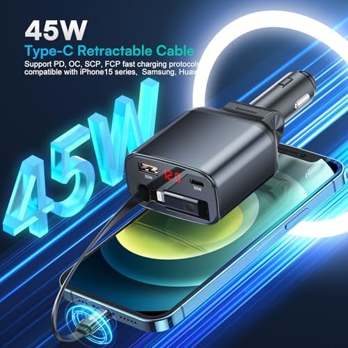 Ultimate 105 W Retractable Car Charger – Fast Charging Adapter for i Phone 15 Pro, Samsung Galaxy S24 Ultra & More – 45 W Type-C & 30 W USB-C Ports for Multi-Device Compatibility – Compact, Tangle-Free Design for On-the-Go Power Solutions