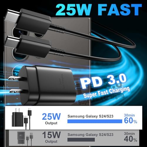 25 W Ultra-Fast Samsung Charger with 6.6 FT USB-C Cable | Rapid Charging Solution for Galaxy S25/S24/S23/S22/S21/Note Series | High-Speed Performance & Safety Features for On-the-Go Users | Ideal for Travel & Everyday Use | Boost Your Device’s Battery Life Effortlessly