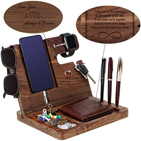 Personalized Wooden Charging Docking Station for Dads – Elegant Nightstand Organizer with Fast-Charging Capability, Multi-Compartment Design for Smartphones, Smartwatches, Keys & Wallets – Ideal Custom Father’s Day Gift or Birthday Surprise, Durable Home Essential