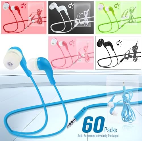 Vibrant 60-Pack Konohan Earbuds for Kids – Retro-Style Classroom Headphones, Individually Packaged for Hygiene, Ideal for Group Learning & Study, Compatible with All Devices, Durable Comfort for All-Day Use