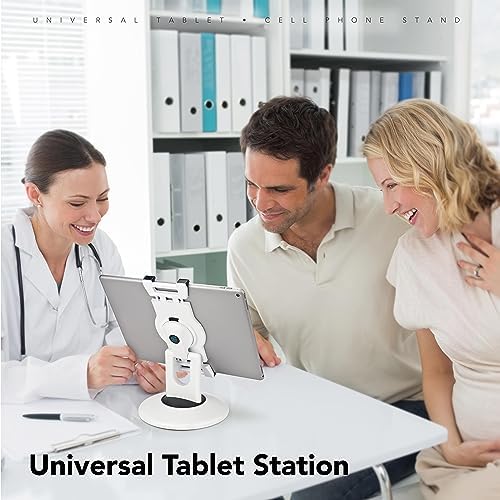 Versatile EHO 360° Rotating Tablet Stand – Universal Clamp Holder for i Pad, Microsoft Surface & More (6″-13″) – Optimal Stability for Retail Kiosks & Business Presentations – Sleek White Design for Enhanced Engagement and Space Optimization