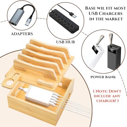 Eco-Friendly Bamboo Multi-Device Charging Station – Versatile Desktop Dock for Smartphones, Tablets, and Smartwatches with Customizable Dividers and Fast Charging Ports for Efficient Cable Management and Stylish Organization