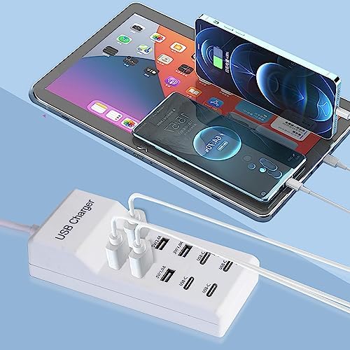 50 W 10-Port USB Charging Hub – High-Speed Multi-Device Power Station with 6 USB-A & 4 USB-C Ports – Ideal for i Phone 15/14/13/12/11, Tablets, and More – Sleek White Design with Enhanced Safety Features for Efficient Home and Office Charging Solutions