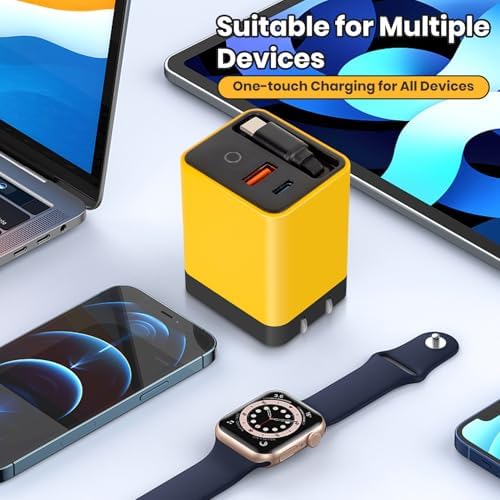 Ultimate 80 W Ga N Fast Charger Module: Versatile 3-in-1 Travel Charging Solution with Type-C Cable & Dual USB Ports for i Phone 15/14, Samsung Galaxy, Mac Book, and More – Compact & Stylish Yellow Power Hub for Maximum Device Compatibility and Speed Efficiency