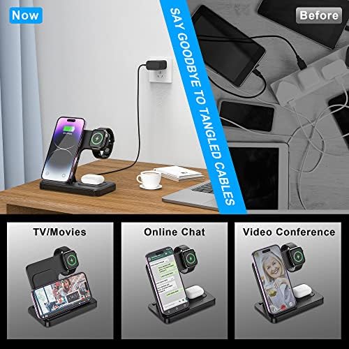 Revolutionize Your Device Charging with the Advanced 3-in-1 Foldable Wireless Charging Dock – High-Speed Charger for i Phone 14/13/12/11/Pro/Max/XS/XR/X/Plus, Apple Watch Series 7/6/5/4/3/2/SE, and Air Pods 3/2 (Adapter Included) – Compact, Travel-Ready Design for a Clutter-Free Lifestyle and Efficient Power Management