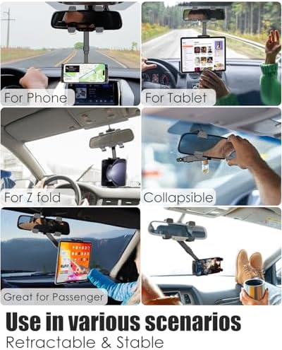 Universal 360° Rotatable Car Rear View Mirror Tablet Holder – Secure Phone Mount for i Pad Pro 12.9, Galaxy Z & 4-13” Devices – Enhanced Viewing & Safety for SUVs and Trucks – Effortless Installation & Versatile Adjustment