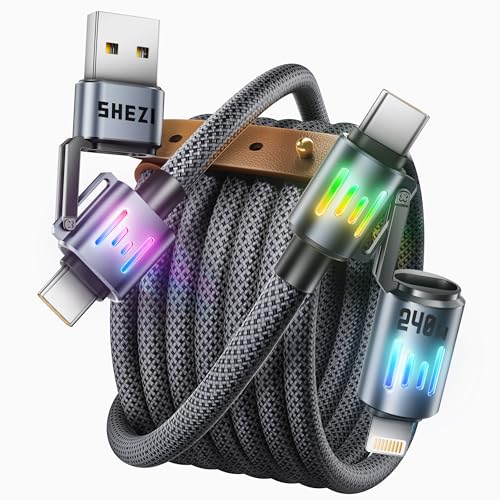 SHEZI 4-in-1 Fast Charging USB C Cable – 60 W Power Delivery with Lightning, USB C, and USB A Ports – 5 FT Durable Flat Nylon Braided Cord – Stylish Pink Design for i Phone, i Pad, and More – High-Speed 480 Mbps Data Transfer Solution for All Your Devices