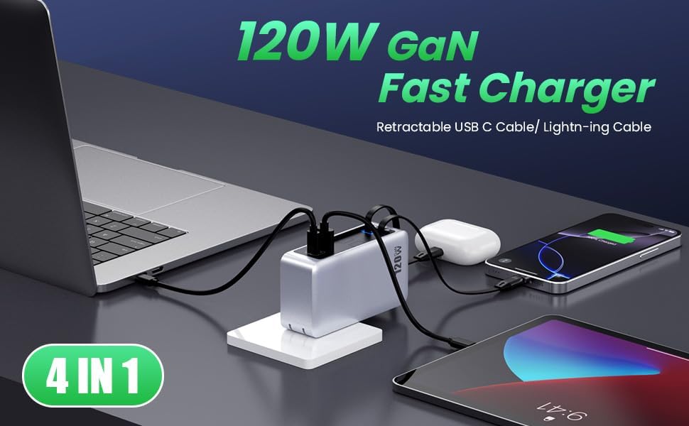 120 W Ga N IV USB-C Charger Station with Dual Retractable Cables – Fast Charging Wall Adapter for Mac Book, i Pad, i Phone 16/15/14, Galaxy S24 & Android Devices – Compact 4-in-1 Foldable Design for Effortless Travel and Enhanced Compatibility