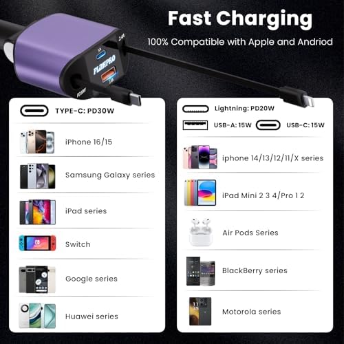 Experience Ultimate Power on the Road: PLDHPRO 80 W Retractable Car Charger – 4-in-1 Fast Charging Adapter with Dual Type-C Cables for i Phone 16, i Pad, and Samsung – Essential Vehicle Accessory for Efficient Charging and Easy Storage – Perfect Gift for Tech Enthusiasts and Travelers