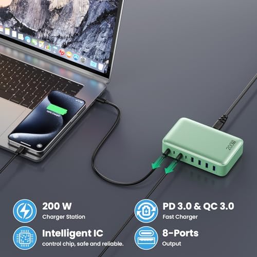 Powerful 200 W Ga N III USB C Multi-Device Charging Hub – 8-Port Rapid Charger for Mac Book Pro/Air, DELL, i Phone 16/15/14, Galaxy S23/22 – PD 65 W Laptop Adapter for Effortless Portability and Enhanced Connectivity Solutions