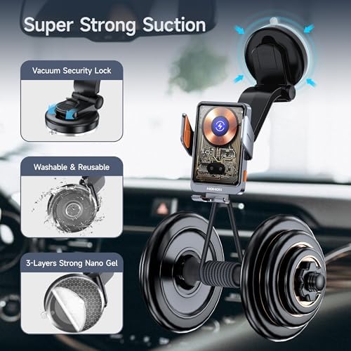 NOHON 15 W Qi Wireless Car Charger and Phone Holder with Auto Sensor Clamping – Rapid Charging Solution for i Phone 15, 14, 13, 12 Pro Max – Stylish Silver Design for Seamless Navigation and Road Safety Enhancement