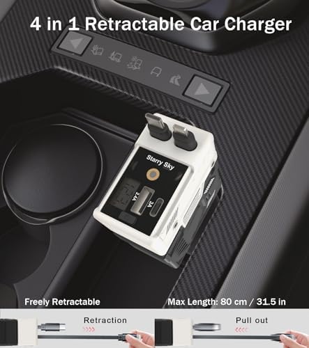 4-in-1 Retractable Car Charger with 66 W Fast Charging – Dual Retractable Cables & USB-C/USB-A Ports for i Phone 16/15/14/13/12/11, Samsung Galaxy, Pixel – Sleek White Design for Ultimate Travel Convenience and Device Compatibility