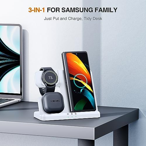 Ultimate 3-in-1 LK Wireless Charging Station for Samsung Devices – Fast Charging Hub for Galaxy Watch Ultra/7/6 Classic/5 Pro, S23/S22/S21 Series, Z Fold/Flip Models & Galaxy Buds – Enhanced Compatibility, Sleek White Design for Home & Office Use