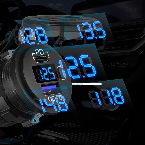 High-Performance 12 V USB C Car Charger Socket – 38 W Waterproof Adapter with PD 3.0 & QC 3.0 for Rapid Device Charging in Cars, Trucks, RVs, and Marine – Features Integrated Power Switch & Voltmeter for Battery Health Monitoring