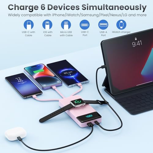 Ultra-Compact 10800 m Ah Fast Charging Power Bank with Built-In Cables and Apple Watch Compatibility – 6 Outputs, QC4.0 + PD Technology for Rapid Recharging of i Phone 16/15/14/13/12 and More – Ideal Travel Companion in Stylish Pink – Superior Safety Features for Peace of Mind