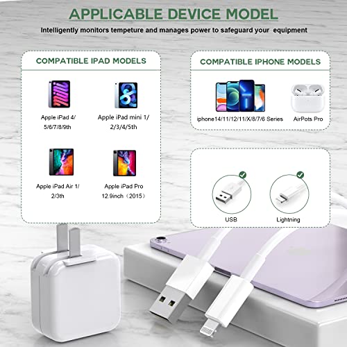 Dual-Pack Apple MFi Certified 12 W i Pad and i Phone Chargers with Foldable Travel Plug and 3.3 FT Lightning Cables – Ultimate Fast Charging Solution for Home and On-the-Go Compatibility