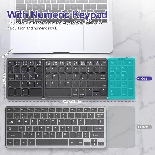 Ultimate Foldable Bluetooth Keyboard with Numeric Keypad – Travel-Friendly Wireless Keyboard for i Pad, i Phone, Android, Laptops & PCs, Sync Up to 3 Devices Effortlessly, Perfect for On-the-Go Productivity and Quiet Typing