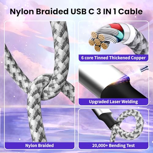 Power Up Your Devices with the 100 W USB C Multi Charging Cable – 3-in-1 Fast Charging Solution Featuring E-Mark Chip for Enhanced Safety and Universal Compatibility with USB C, Lightning, and Micro USB Devices – 5 FT Length, 2-Pack for Ultimate Convenience and Efficiency in Charging Smartphones, Tablets, Laptops, and More