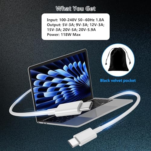 IEFUU 118 W USB-C Power Adapter for Mac Book Pro & Air (2018-2023) – High-Speed Charging with 6.6 ft Cable, Compatible with i Phone 16 Pro Max & i Pad Pro – Ultimate Performance and Versatile Usage for All USB-C Devices