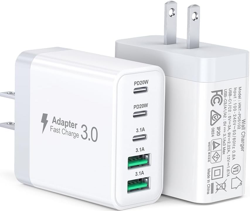 Ultra-Fast 5-Port USB C Power Adapter Set [2-Pack] – 50 W Multi-Device Charging Hub for i Phone 16/15/14/13/12 Pro Max & Galaxy – High-Efficiency PD & QC Wall Charger for On-the-Go Power Solutions and Compact Travel Needs