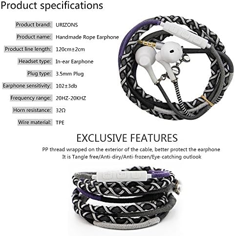 URIZONS Kids Wired Earbuds with 3.5 mm Jack – Noise Isolating In-Ear Headphones for Immersive Sound, Heavy Bass, and Built-in Microphone – Tangle-Free Cord & Stylish Fabric Braided Wristband – Ideal for i Phone, i Pad, Mac – Safe Listening Experience for Young Users