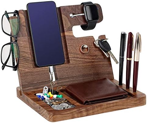 Personalized Wooden Charging Docking Station for Dads – Elegant Nightstand Organizer with Fast-Charging Capability, Multi-Compartment Design for Smartphones, Smartwatches, Keys & Wallets – Ideal Custom Father’s Day Gift or Birthday Surprise, Durable Home Essential