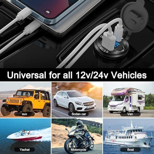 High-Power 12 V USB Charger with Waterproof Aluminum Casing – 65 W PD USB-C & Quick Charge 3.0 for RVs, Boats, and Golf Carts – Built-in Voltmeter & Energy-Efficient Switch for Reliable Performance and Enhanced Compatibility