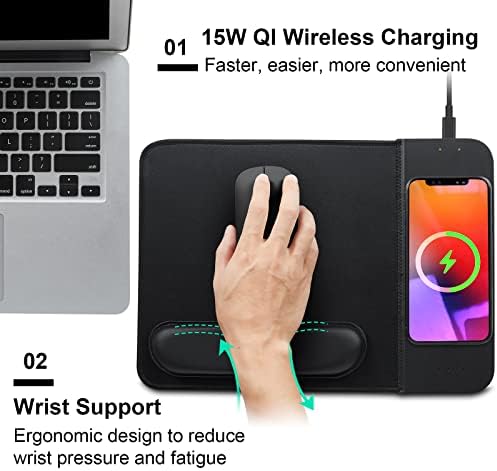 Transform Your Desk with the 15 W Ergonomic Wireless Charging Mouse Pad – Fast Qi Charging for i Phone 11-16 & Samsung Devices – Stylish Black With Detachable Wrist Support for Ultimate Comfort and Productivity