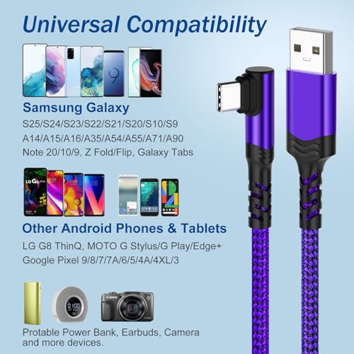 10 ft Right Angle USB C Cable 5-Pack – Fast Charging Nylon Braided Charger for Samsung Galaxy S25, S24, S23, A16, A15 & Google Pixel 9, 8 – Superior Durability and Comfort for Gaming and Daily Use – Enhanced Compatibility for All Type C Devices