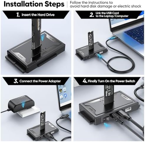4-in-1 Hard Drive Reader Docking Station: Ultra-Fast 10 Gbps USB 3.2 M.2 SATA IDE Adapter, Effortless Data Retrieval for HDD/SSD & Blu-ray Drives – Compact, Plug-and-Play Design with 12 V Power Supply for Enhanced Compatibility and Performance
