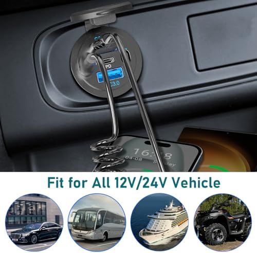 High-Power 4-Port 12 V USB C Car Charger Socket – 90 W Dual PD 36 W & QC 18 W Ports for Fast Charging – Versatile Marine, RV, Truck & Motorcycle Compatibility with Button Switch & USB-C Cable Included – Ultimate On-the-Go Power Solution