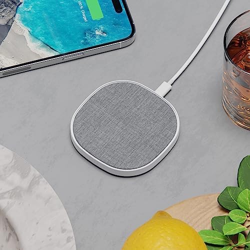 Novo Wireless Charging Pad – 15 W Fast Charge with Elegant Linen Gray Fabric, Compatible with i Phone 16/15/14/13/12/11, Samsung S24, Air Pods & Qi Devices – Stylish Design for Home & Office Efficiency