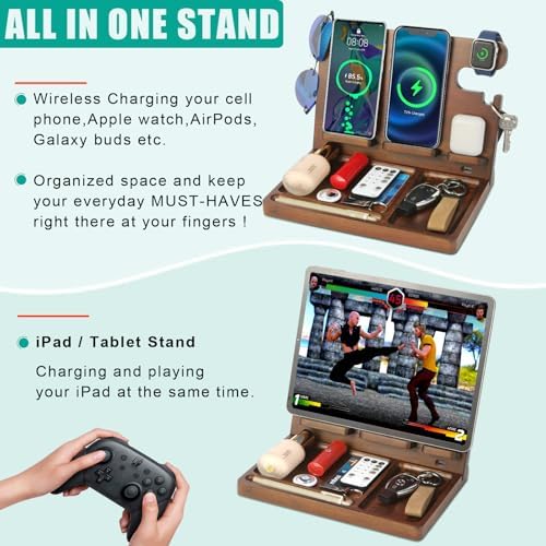 Eco-Friendly Wood Phone Docking Station with Dual 27 W Fast Charging for i Phone, Samsung, Apple Watch & Air Pods – Stylish Nightstand Organizer and Ideal Gift for Men and Women on Birthdays or Anniversaries